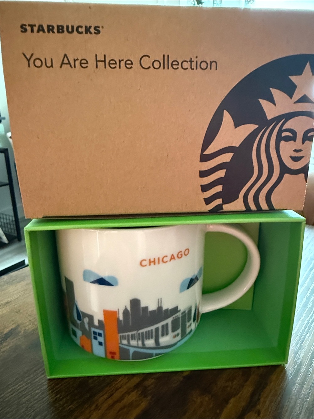 Starbucks White Mug with Green Interior and Multicolor Chicago Skyline